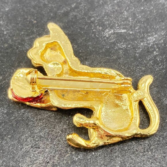 VINTAGE Black red enamel, clear rhinestone, and gold tone metal cat brooch pin - Picture 5 of 6